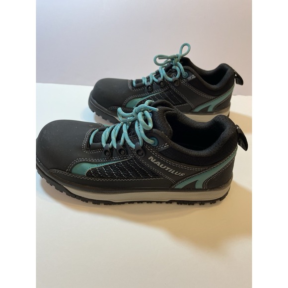 Women's Asics Nautilus Alloy  Toe Work Shoe N1466 Size 8.5W Black/Teal Lace up - Picture 1 of 10